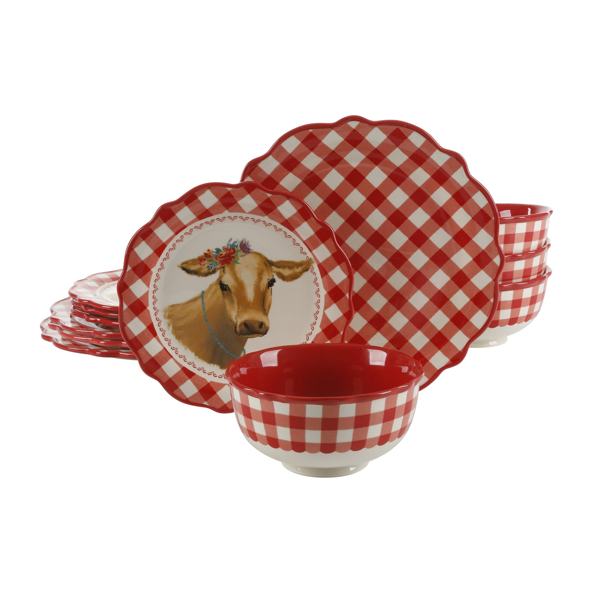 PioneerHome™ Gingham 12-Piece Ceramic Dinnerware Set, Gray - PioneerHome™