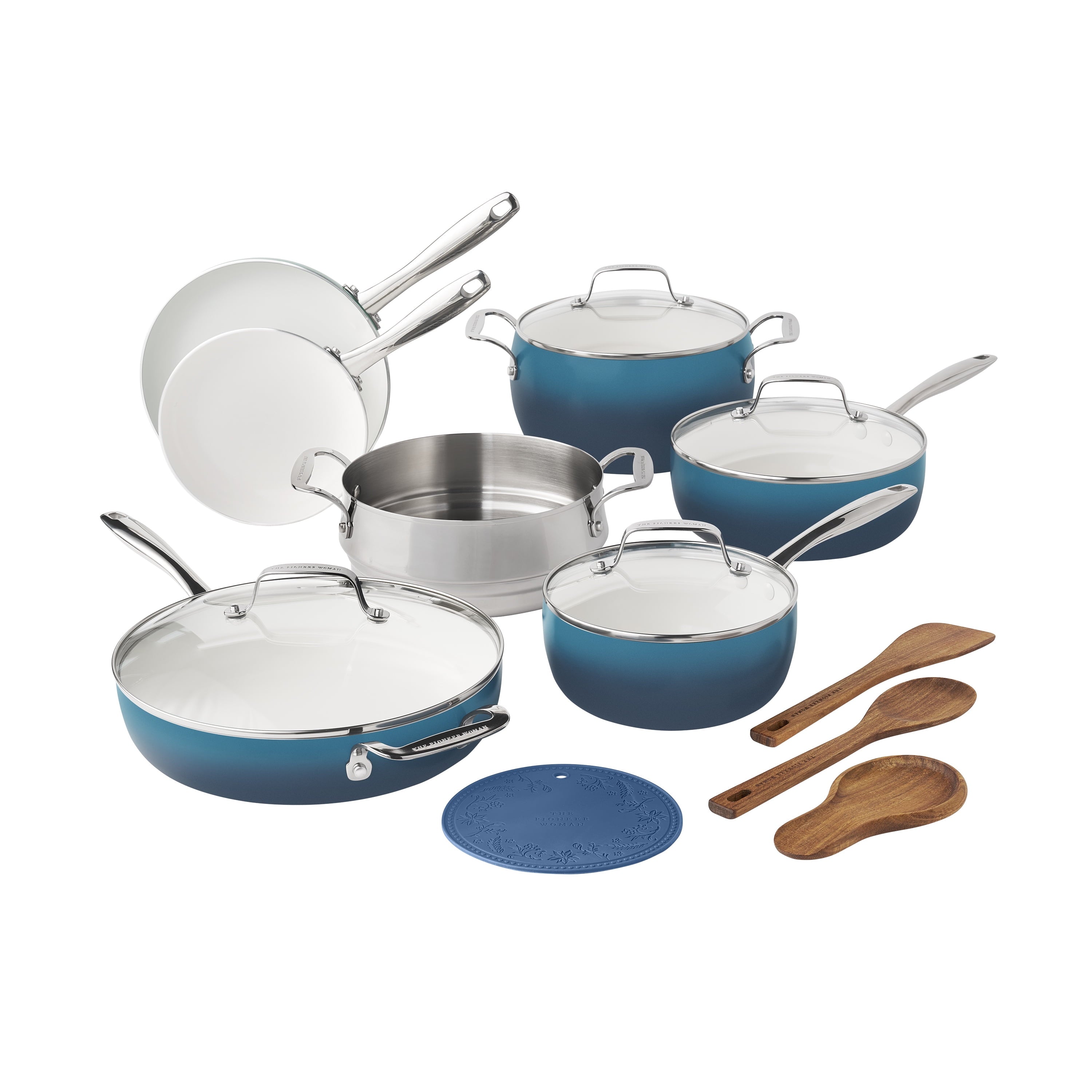 PioneerHome™ Harlow 15-Piece Cookware Set, Ceramic Non-Stick Pots and Pans Set, Denim Blue - PioneerHome™