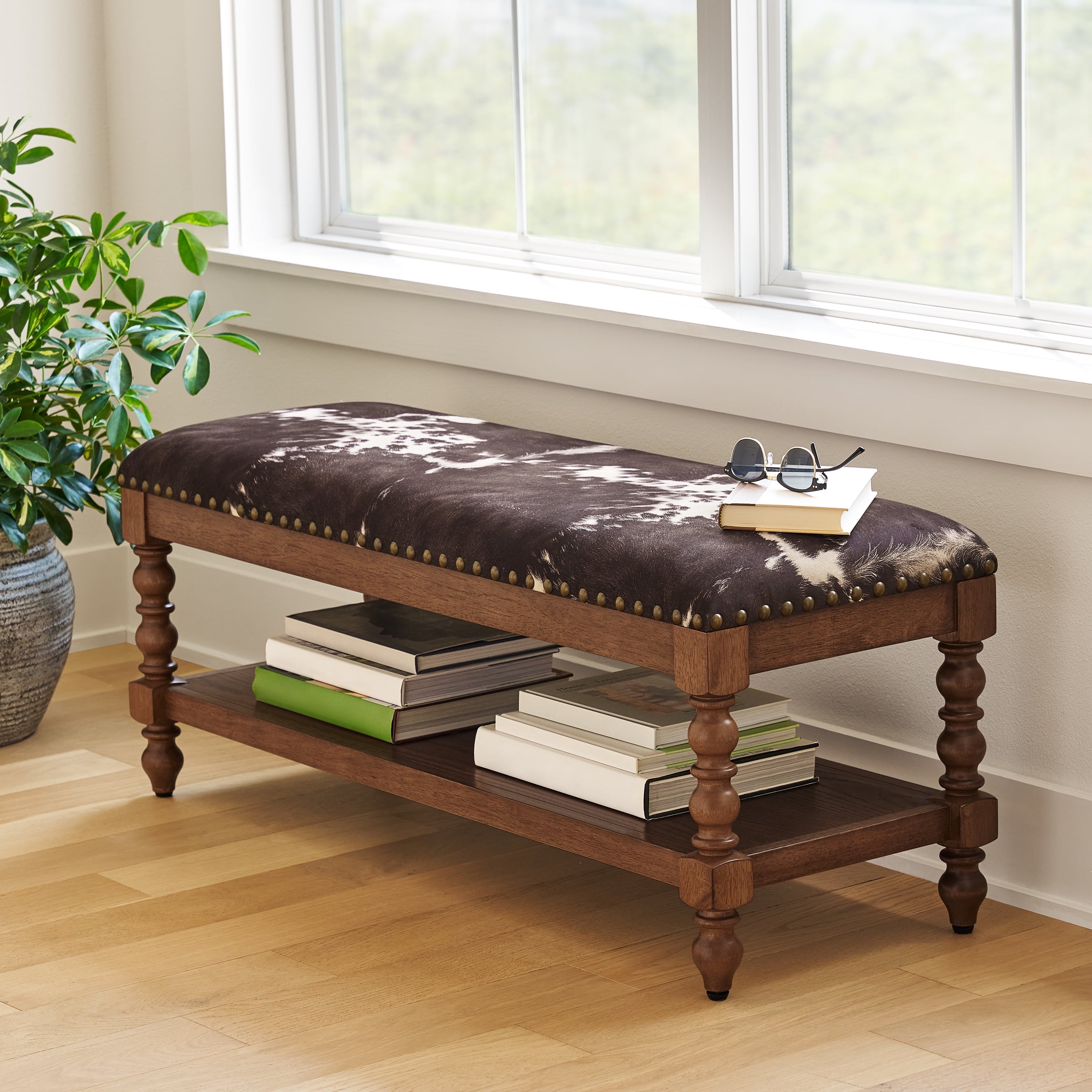 PioneerHome™ Harper Bench, Faux Cowhide Fabric - PioneerHome™