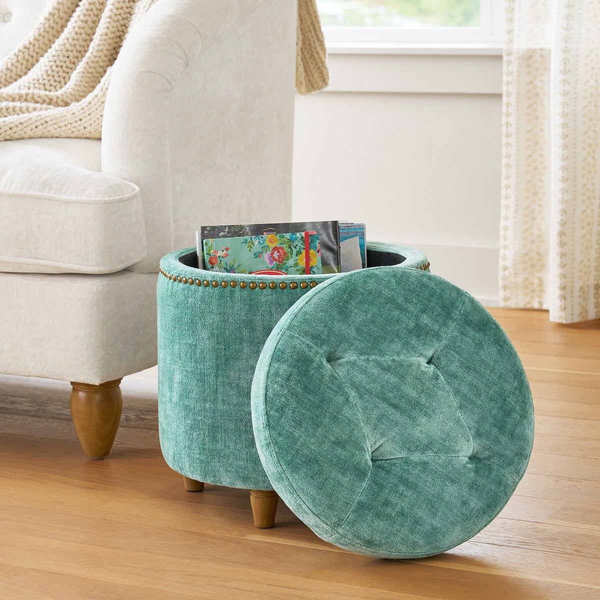 PioneerHome™ Harper Round Velvet Storage Ottoman, Jade, 17.72 in - PioneerHome™