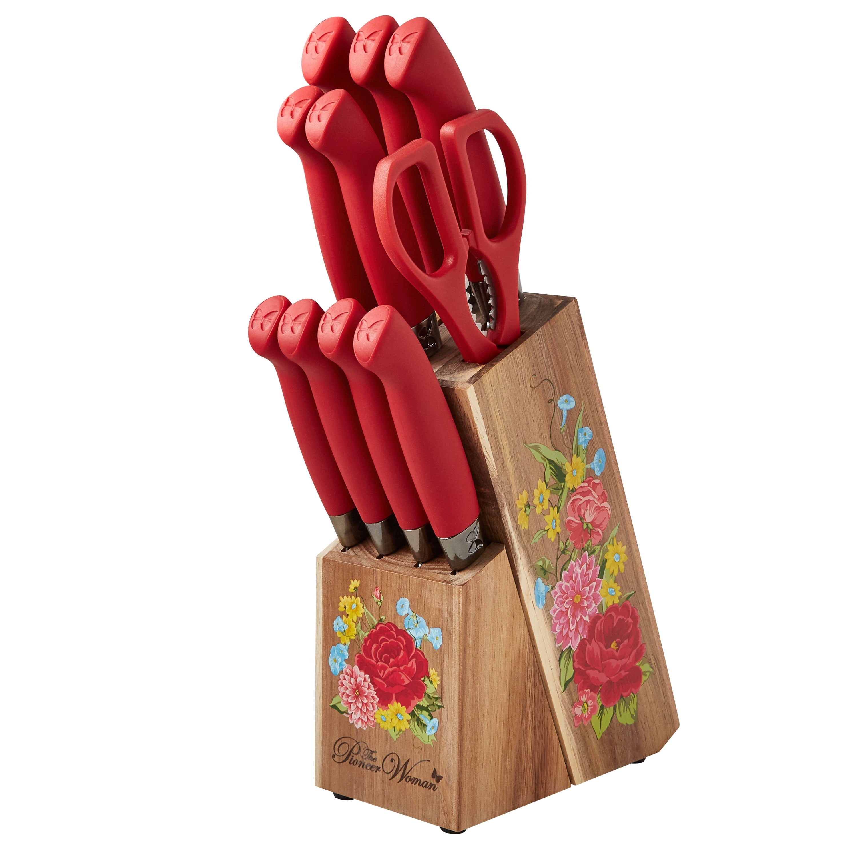 PioneerHome™ Sweet Rose 11-Piece Stainless Steel Knife Block Set, Red - PioneerHome™