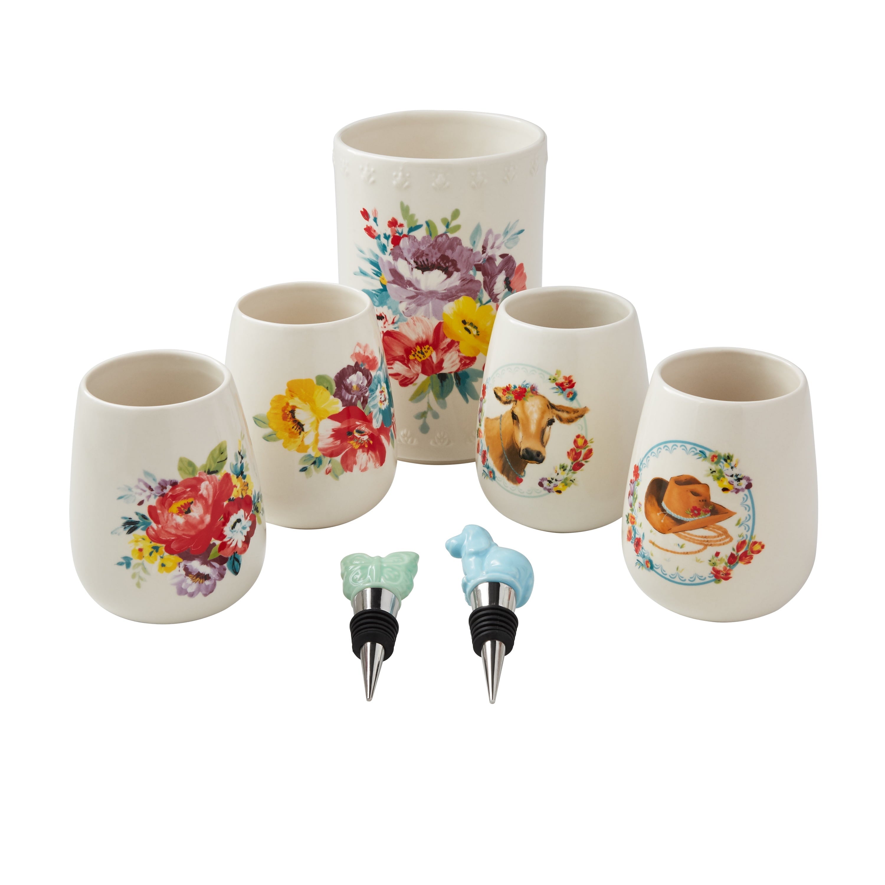 PioneerHome™ Sweet Rose 7-Piece Stoneware Stemless Wine Glasses Set with Chiller - PioneerHome™