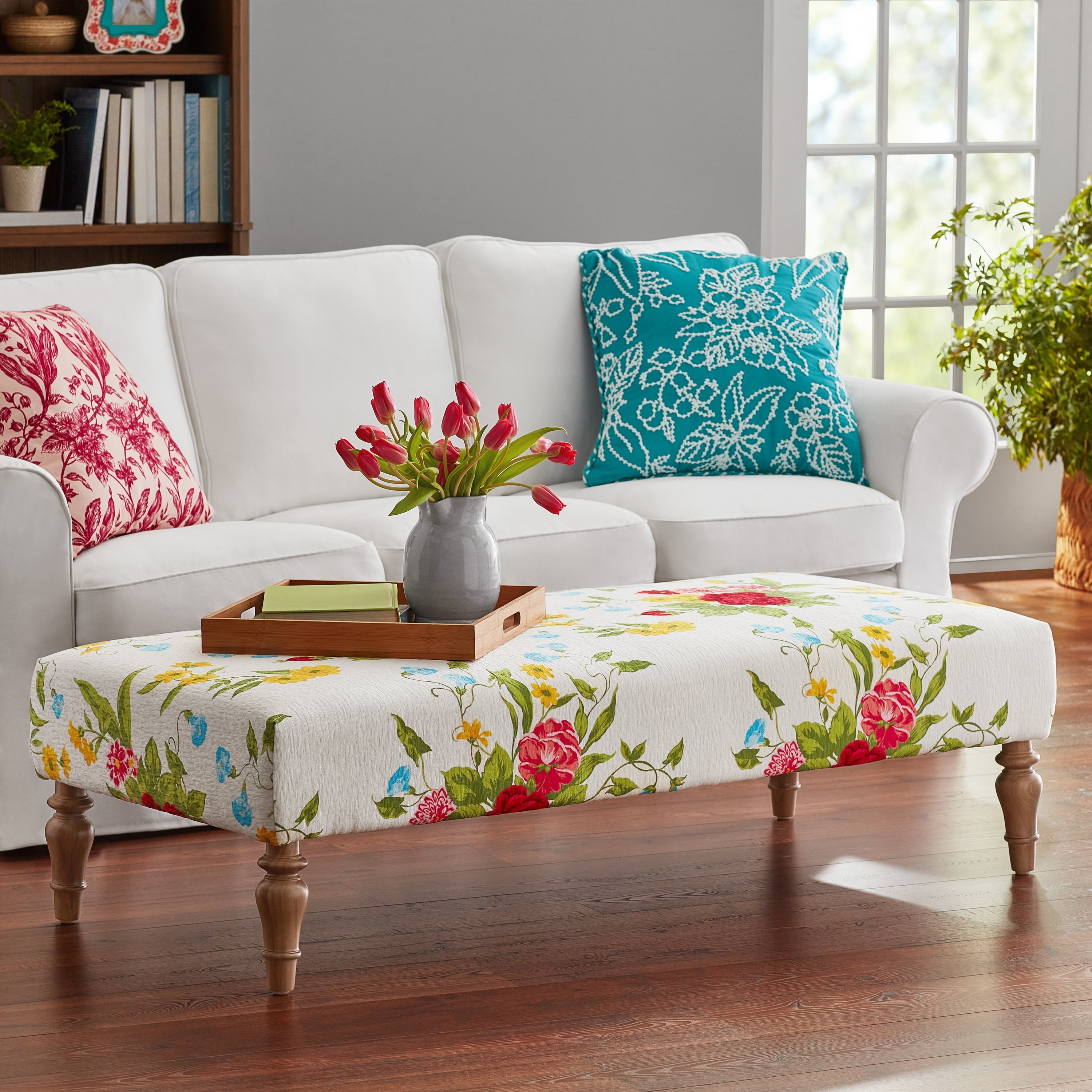 PioneerHome™ Vintage Floral Fabric Rectangular Ottoman, White - PioneerHome™
