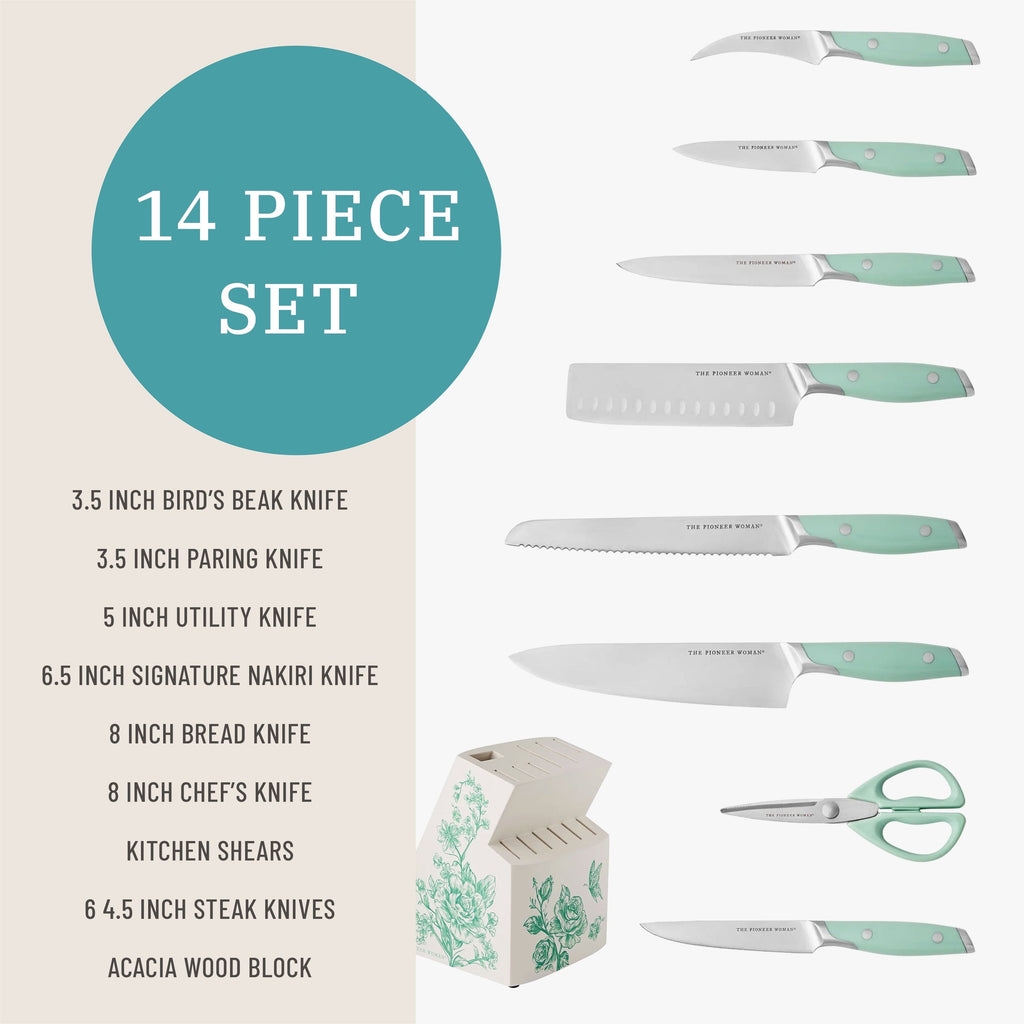 PioneerHome™ 14 Pieces Knife Set with Decal Block Stainless Steel Knives, Forged, Green Agatha - PioneerHome™