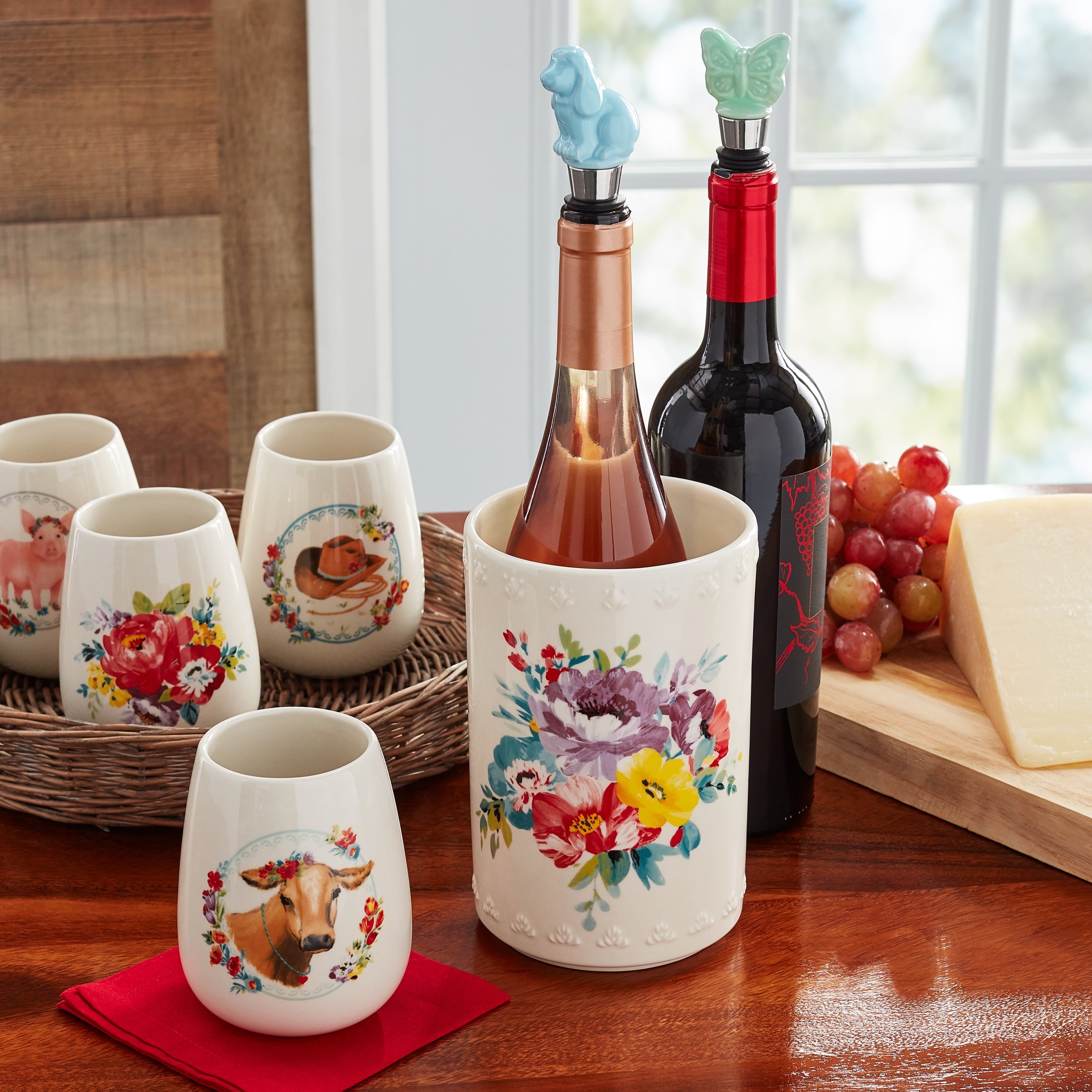PioneerHome™ Sweet Rose 7-Piece Stoneware Stemless Wine Glasses Set with Chiller - PioneerHome™