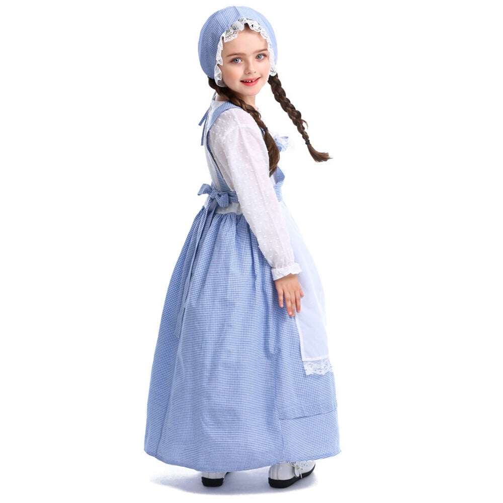 PioneerHome™ Girls Pioneer Costume Long Sleeve Dress with Apron colonial bonnet for 3-12Y - PioneerHome™