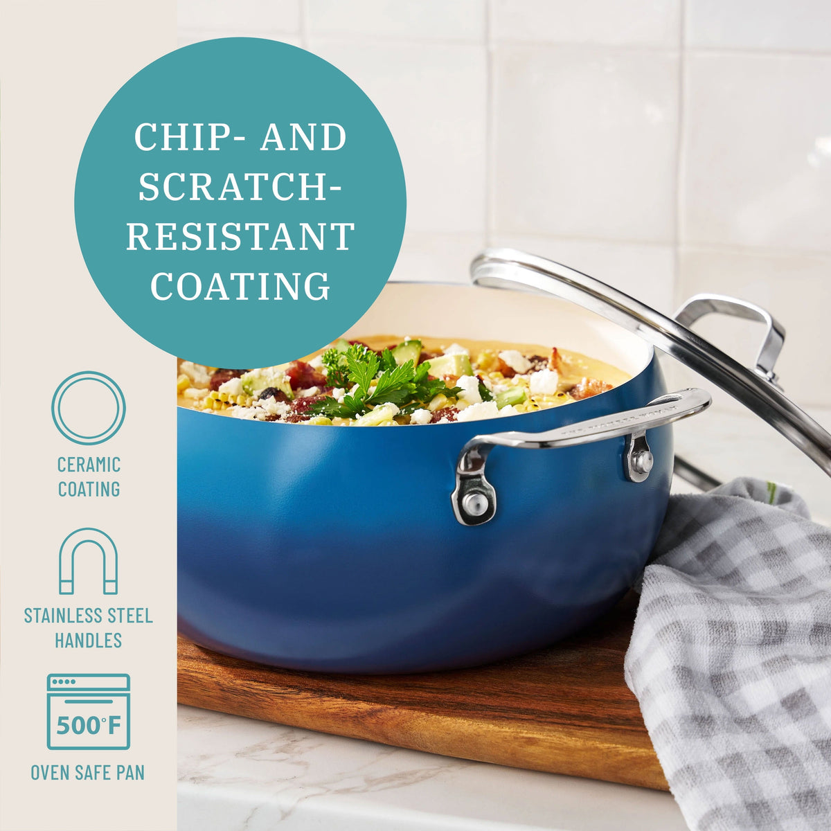 PioneerHome™ Harlow 7.5 Qt Ceramic Non-Stick Stock Pot with Lid, Denim Blue - Farmhouse - PioneerHome™