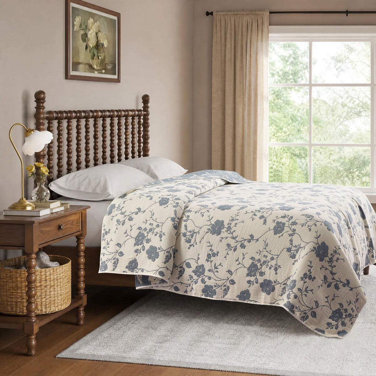 PioneerHome™ Agatha Floral Gauze Quilt, Full/Queen, Blue Dust, Reversible Bedding - PioneerHome™