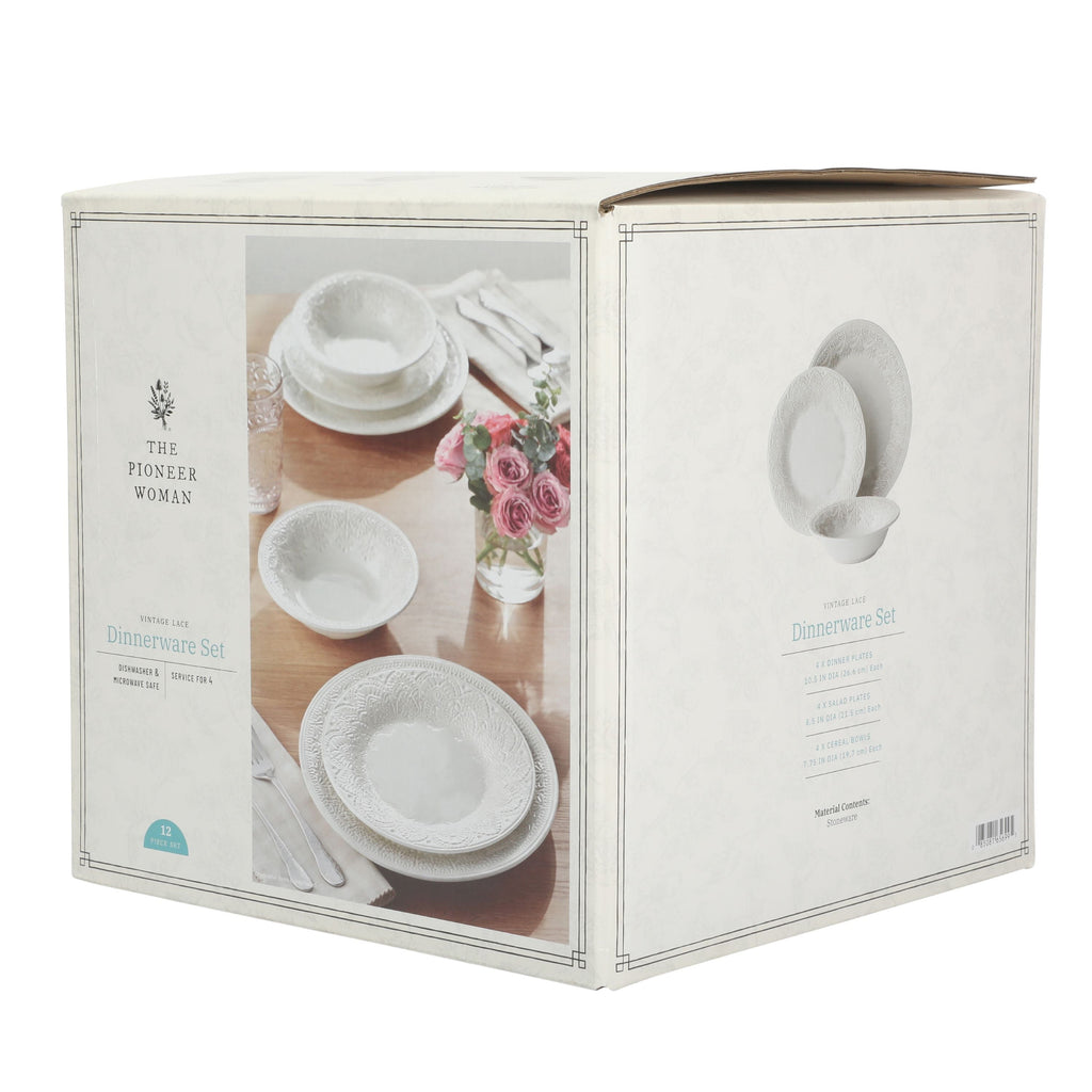 PioneerHome™ Vintage Lace 12-Piece Ceramic Dinnerware Set, Linen - PioneerHome™