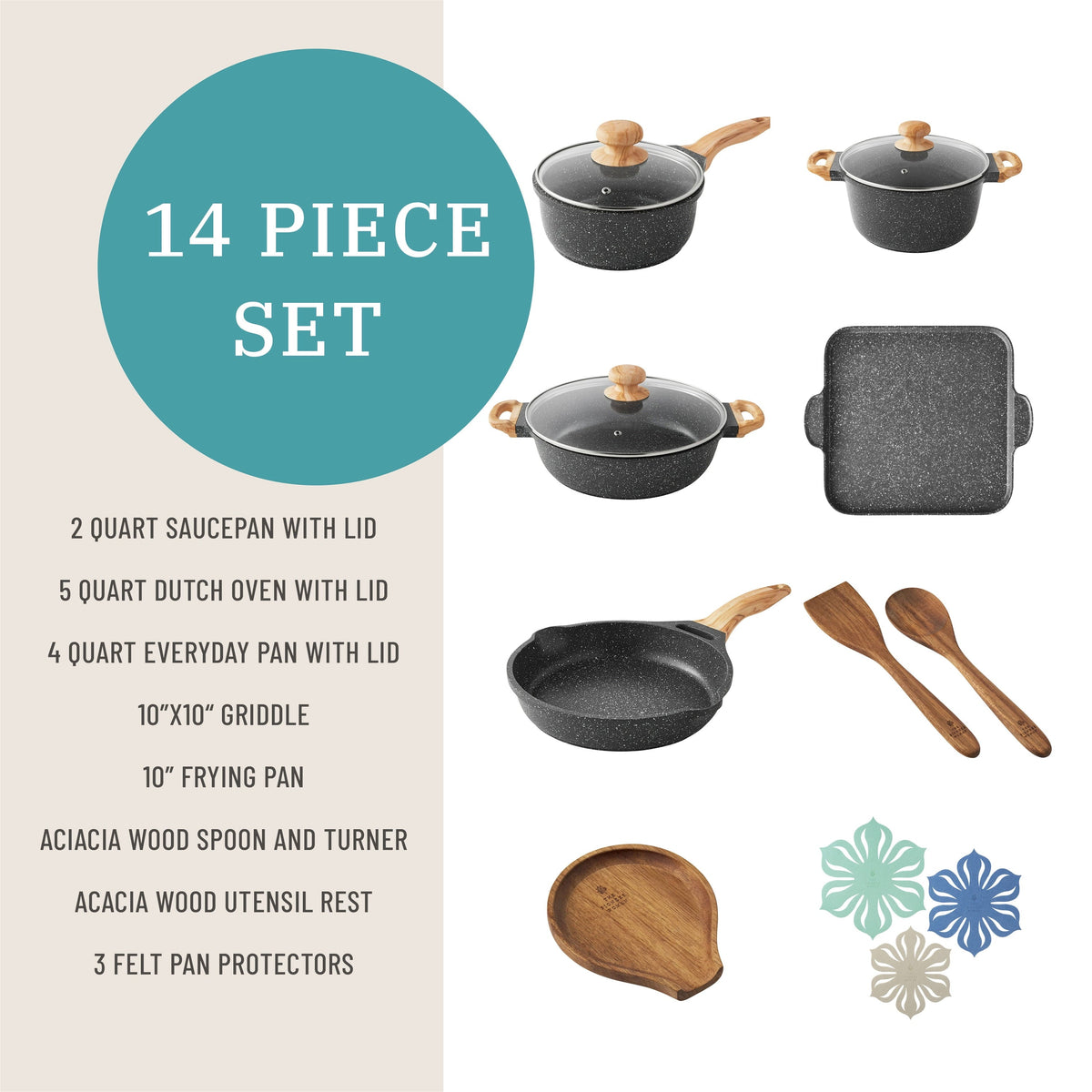 PioneerHome™ Prairie Signature 14-Piece Cast Aluminum Cookware Set, Charcoal - PioneerHome™