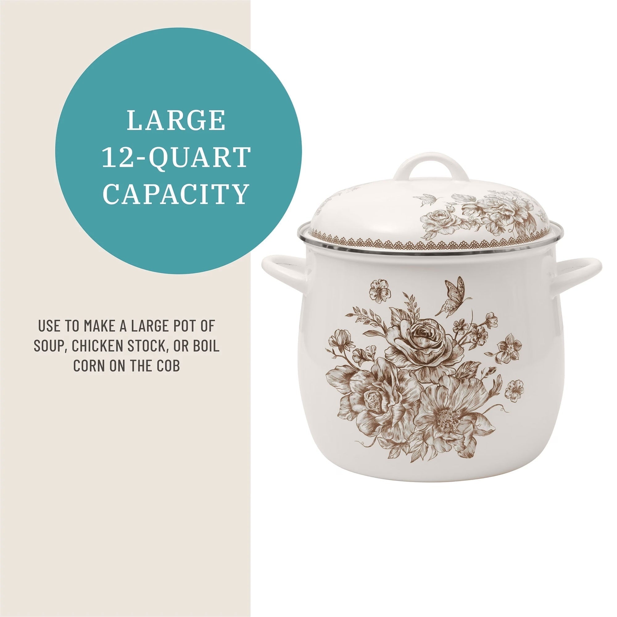 PioneerHome™ Agatha 12 Qt Enamel on Steel Stock Pot with Lid, Brown - Farmhouse - PioneerHome™