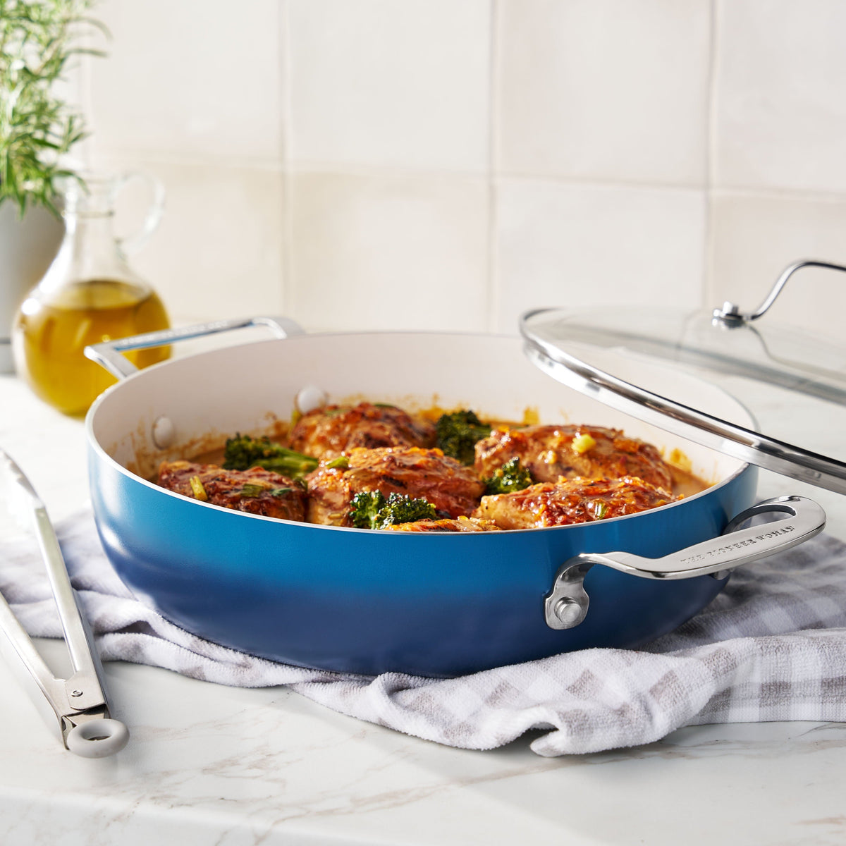 PioneerHome™ Harlow 12" Ceramic Non-Stick Everyday Pan with Lid, Denim Blue - PioneerHome™