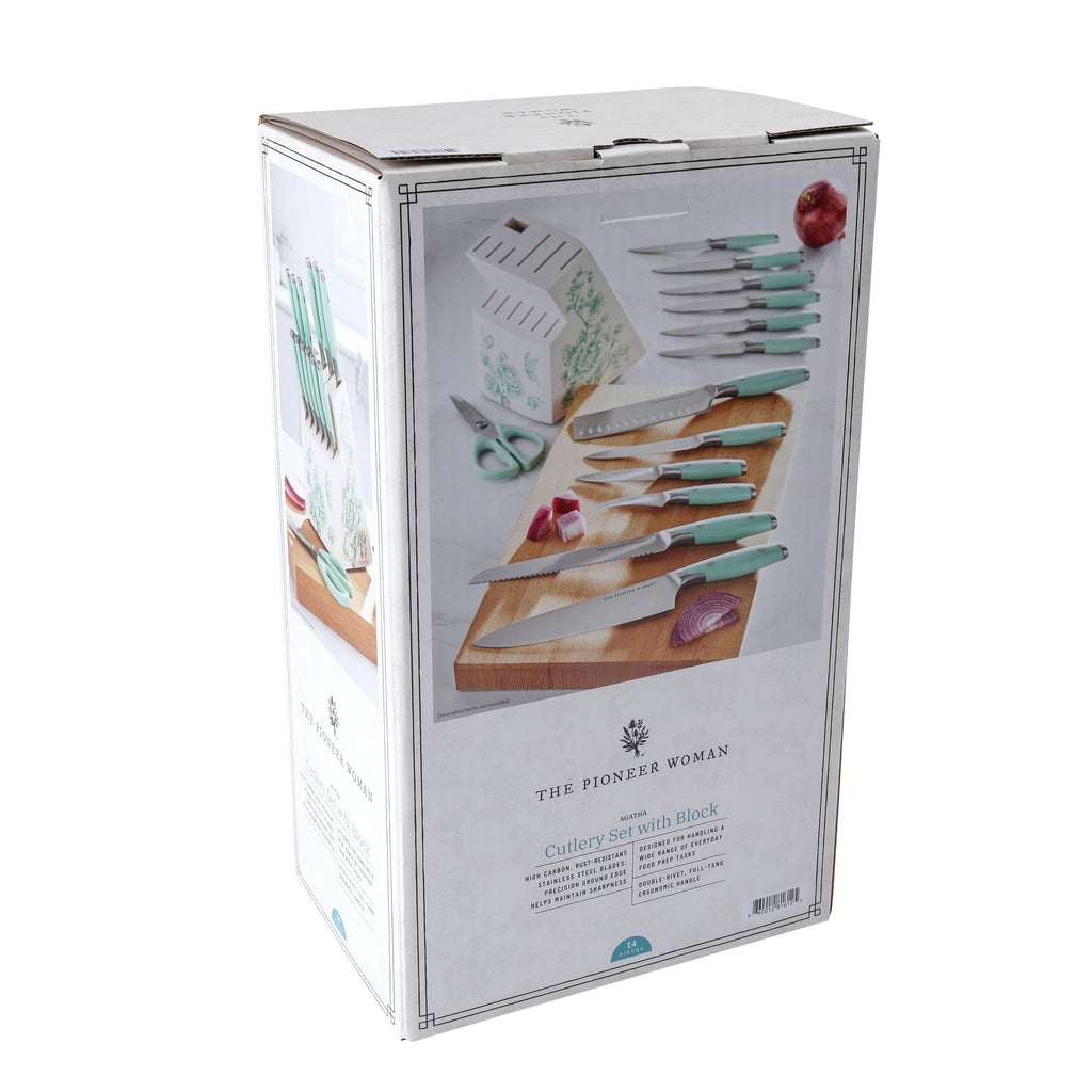 PioneerHome™ 14 Pieces Knife Set with Decal Block Stainless Steel Knives, Forged, Green Agatha - PioneerHome™