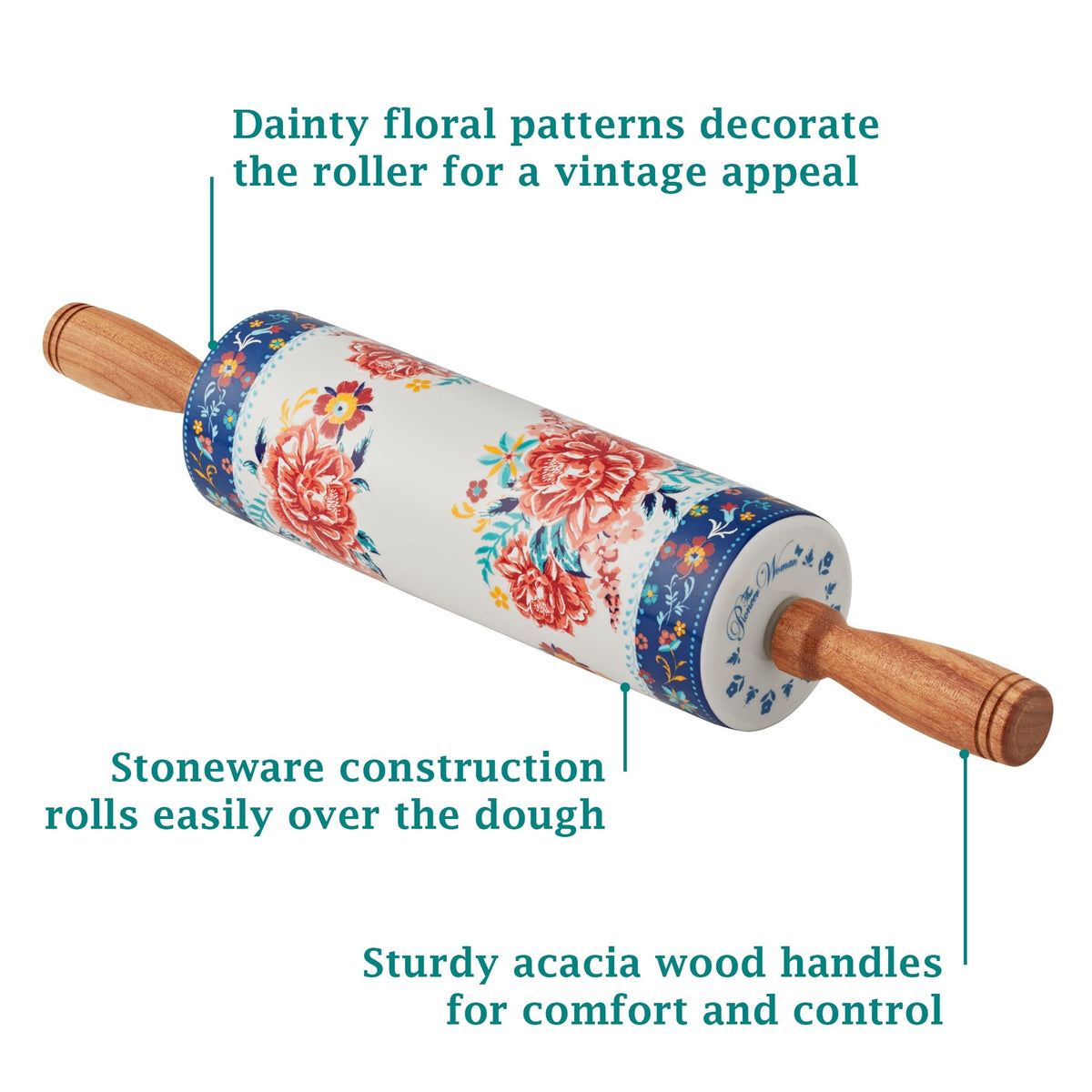 PioneerHome™ Keepsake Floral 17.7" Ceramic Rolling Pin with Acacia Wood Holder - PioneerHome™