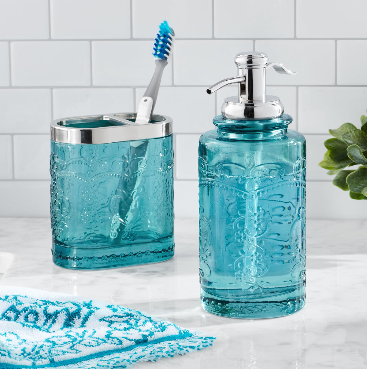 PioneerHome™ Teal 2 Piece Embossed Glass Bath Accessory Set, Amelia - PioneerHome™
