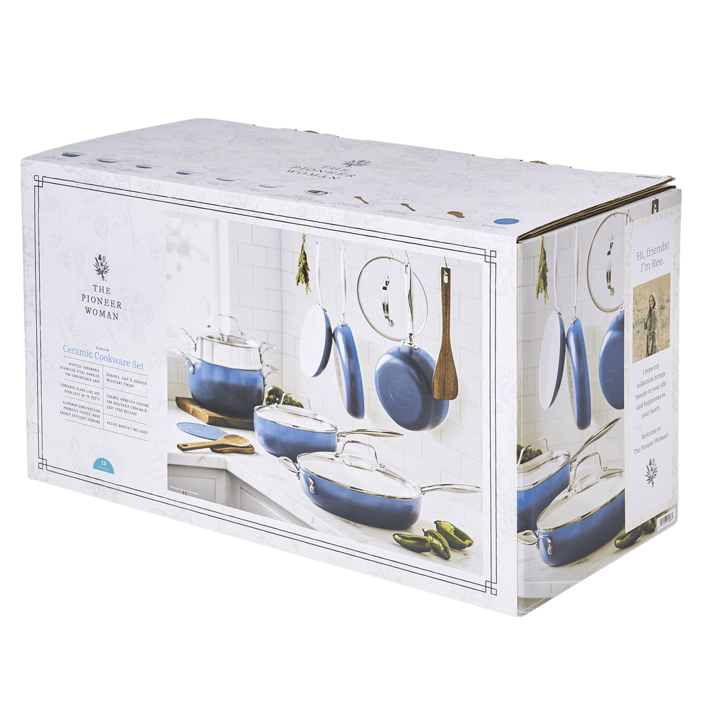 PioneerHome™ Harlow 15-Piece Cookware Set, Ceramic Non-Stick Pots and Pans Set, Denim Blue - PioneerHome™
