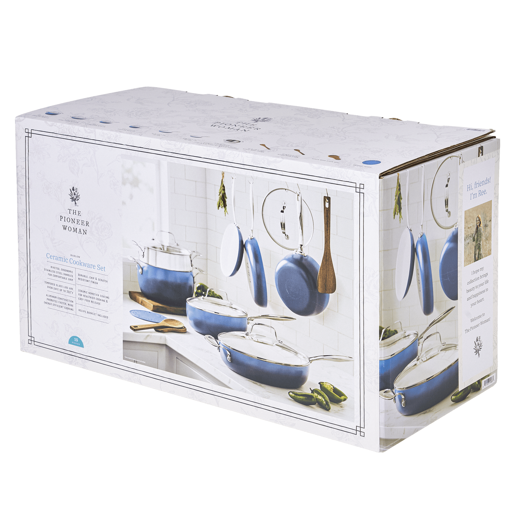 PioneerHome™ Harlow 15-Piece Cookware Set, Ceramic Non-Stick Pots and Pans Set, Denim Blue - PioneerHome™
