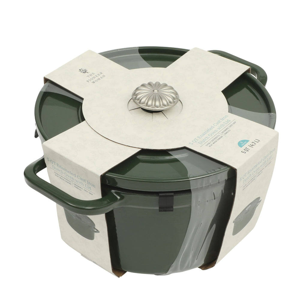 PioneerHome™ 5-Quart Enamel Cast Iron Dutch Oven with Lid, Dark Green - Rustic Home - PioneerHome™