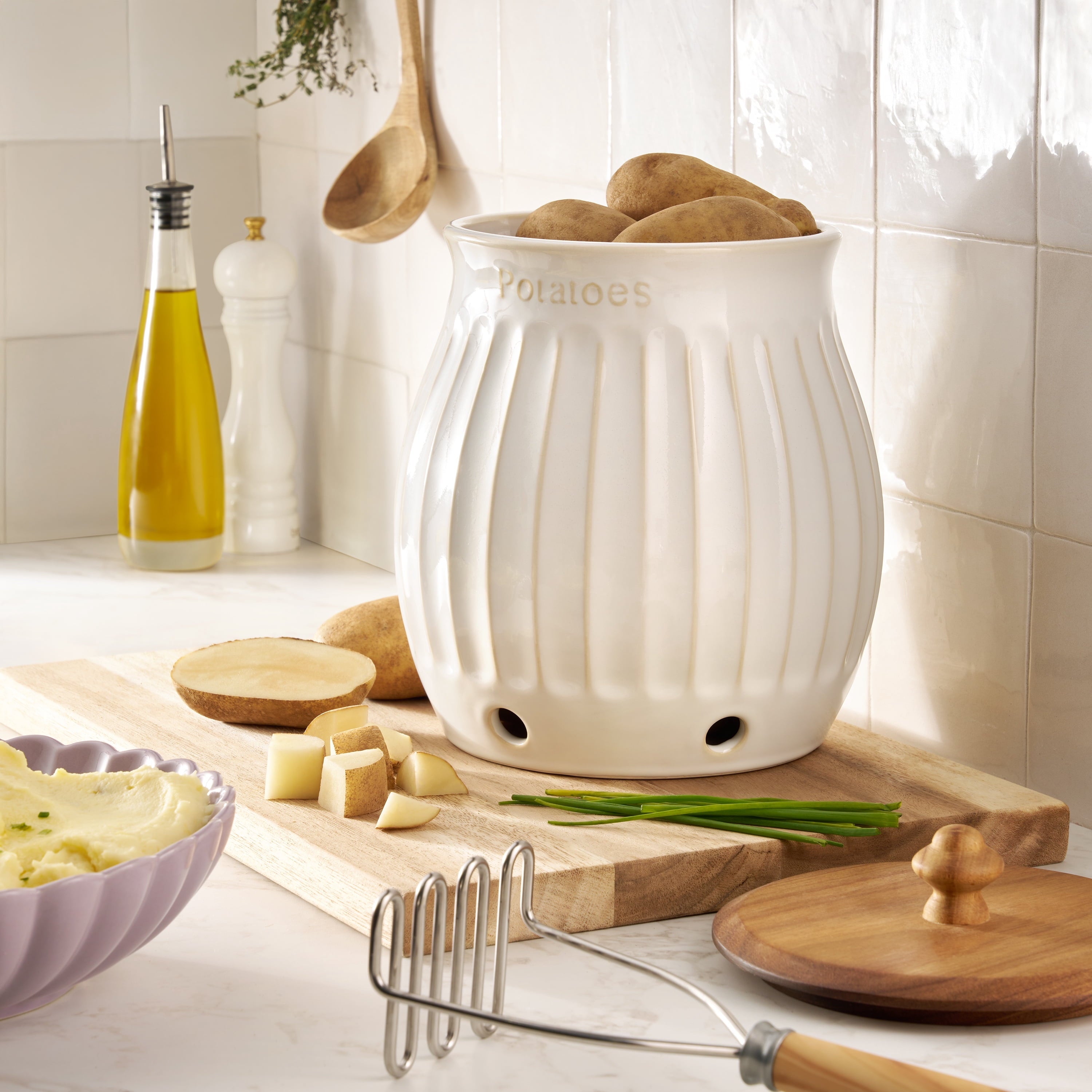 PioneerHome™ Colette Stoneware Potato Keeper, White - PioneerHome™