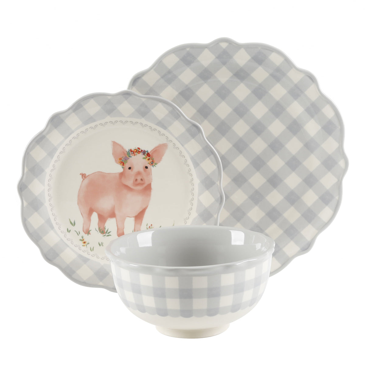 PioneerHome™ Gingham 12-Piece Ceramic Dinnerware Set, Gray - PioneerHome™