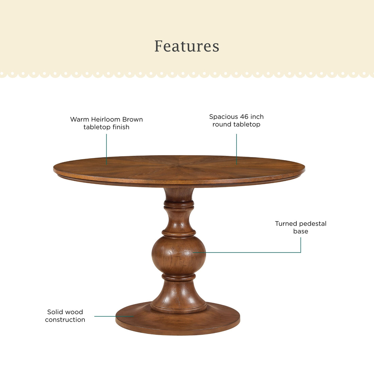 PioneerHome™ Callie Round Dining Table, Heirloom Brown Finish - PioneerHome™